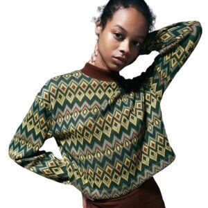 Zara Womens Large Zig Zac Earth Tones Cropped Sweater